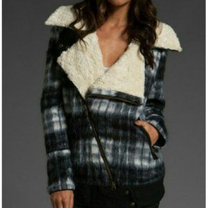 Free People Plaid Sherpa Moto Jacket Checkered Tartan Fuzzy Teddy Biker Coat XS